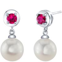 Strieborné perlové náušnice s lab-grown rubíny Billie